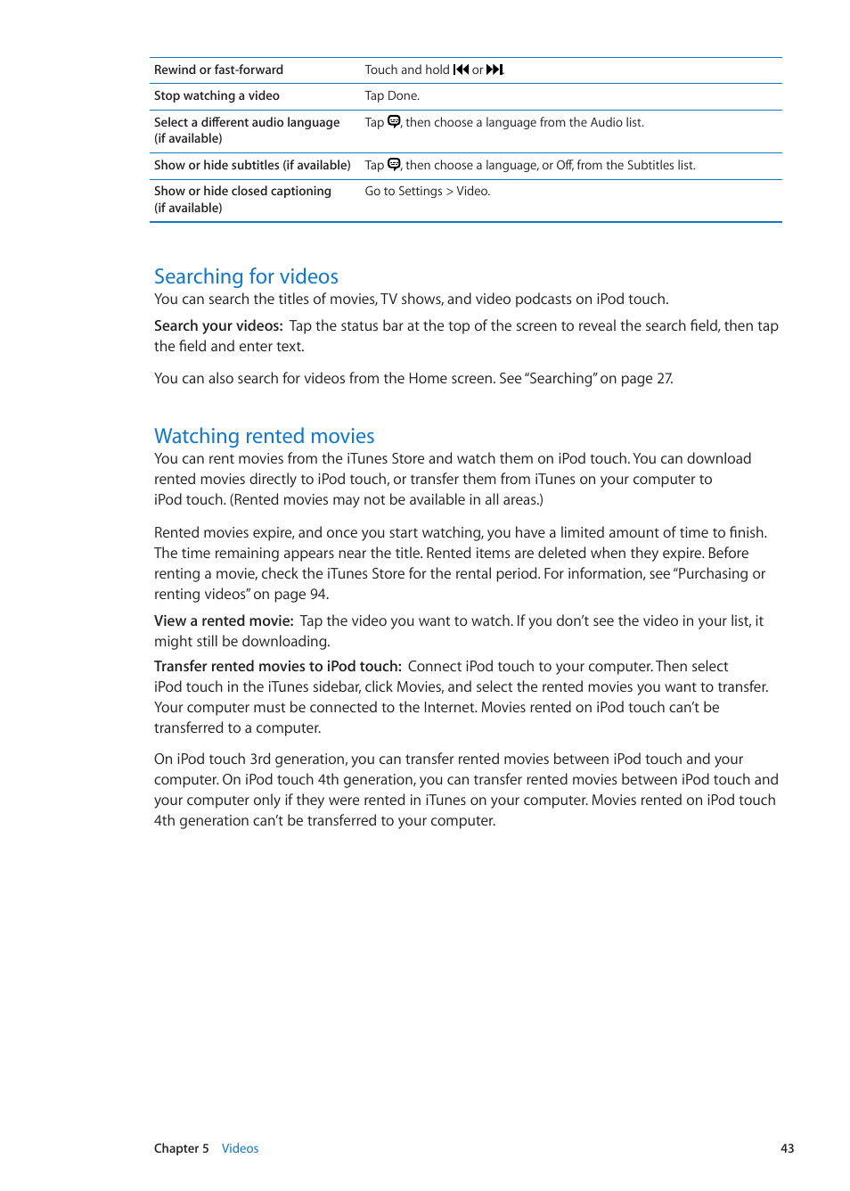 Searching for videos, Watching rented movies, 43 searching for videos 43 watching rented movies | Apple iPod touch iOS 5.1 User Manual | Page 43 / 141