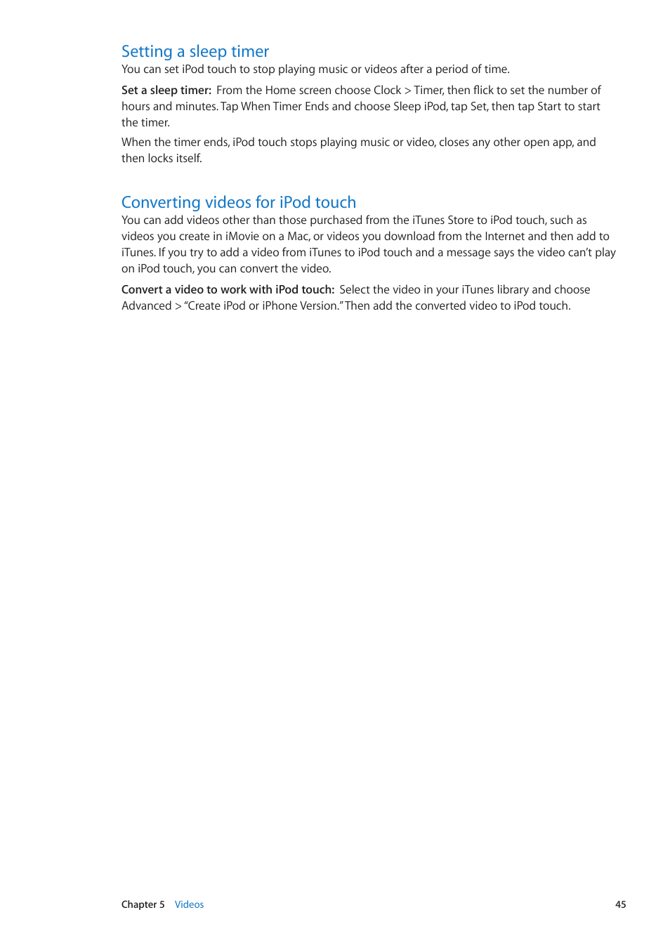 Setting a sleep timer, Converting videos for ipod touch | Apple iPod touch iOS 5.1 User Manual | Page 45 / 141