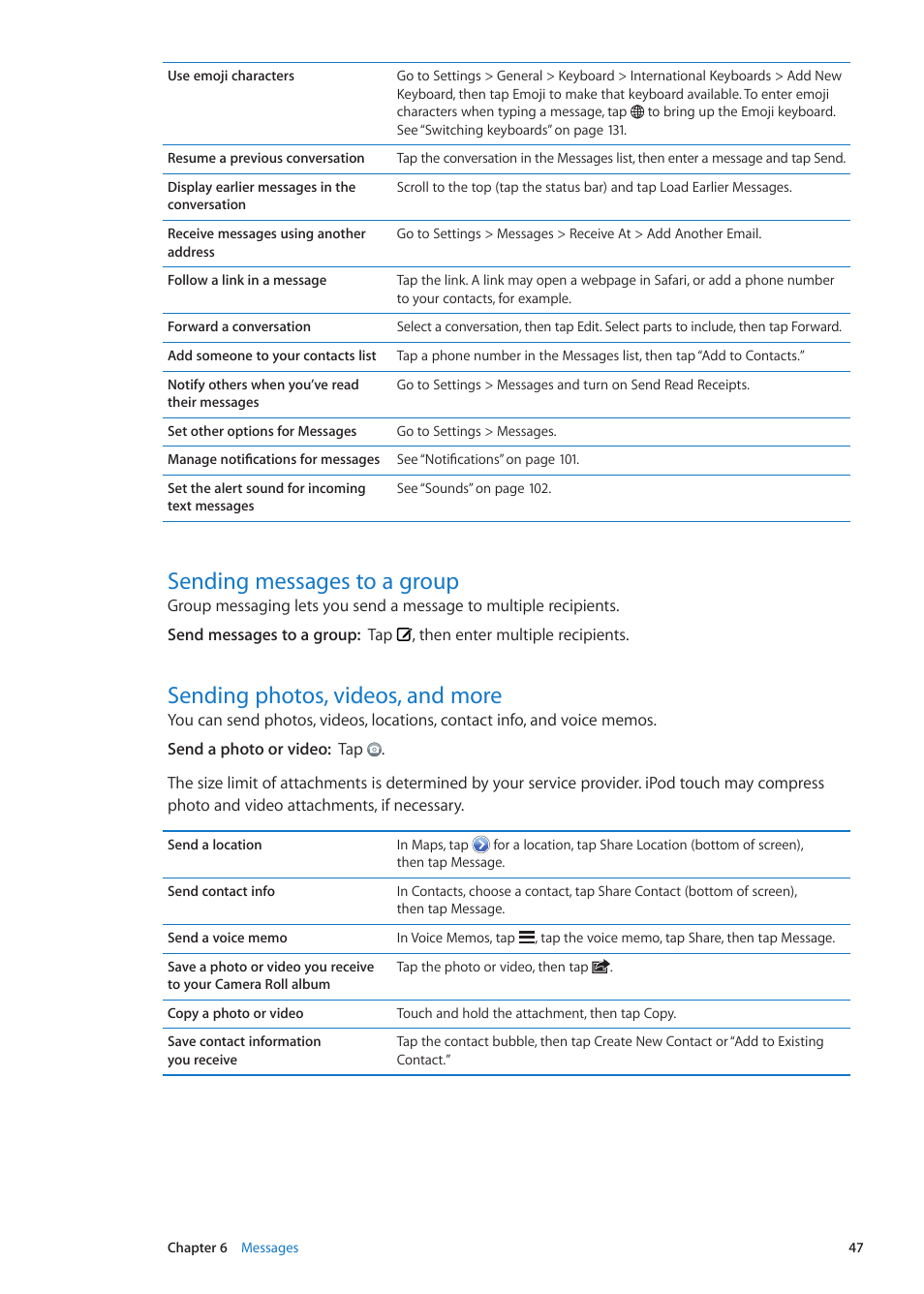 Sending messages to a group, Sending photos, videos, and more | Apple iPod touch iOS 5.1 User Manual | Page 47 / 141