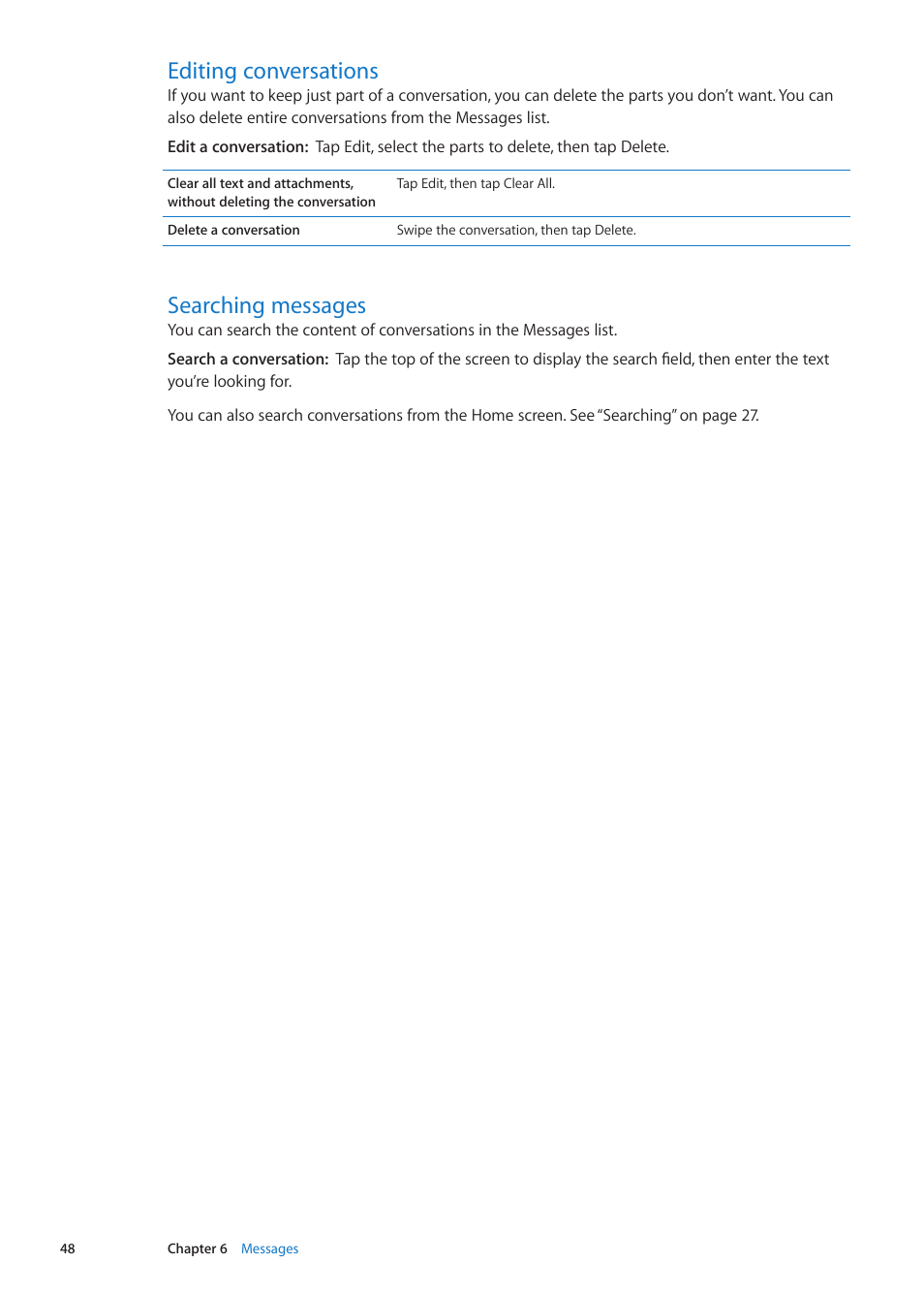 Editing conversations, Searching messages, 48 editing conversations 48 searching messages | Apple iPod touch iOS 5.1 User Manual | Page 48 / 141