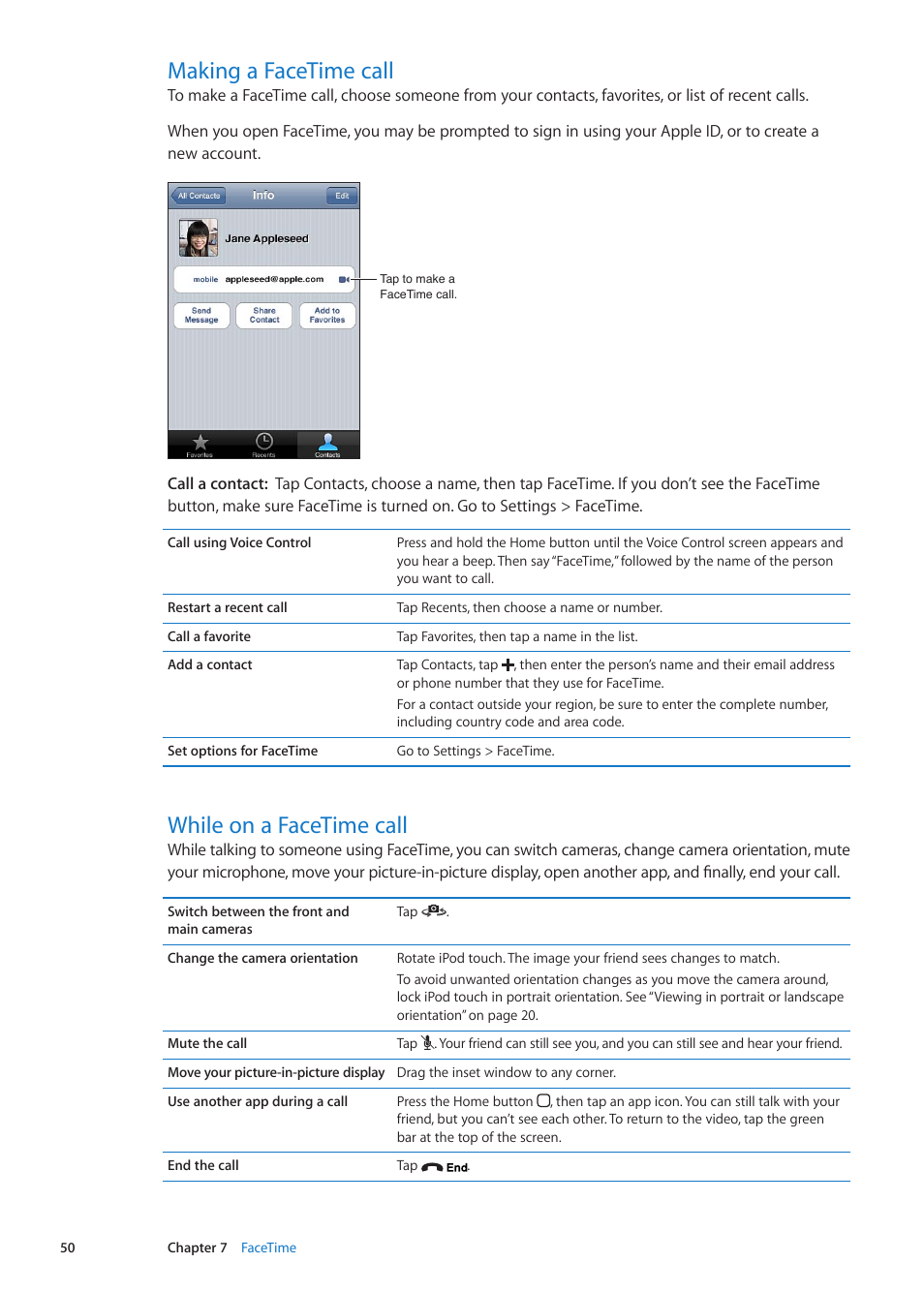 Making a facetime call, While on a facetime call | Apple iPod touch iOS 5.1 User Manual | Page 50 / 141