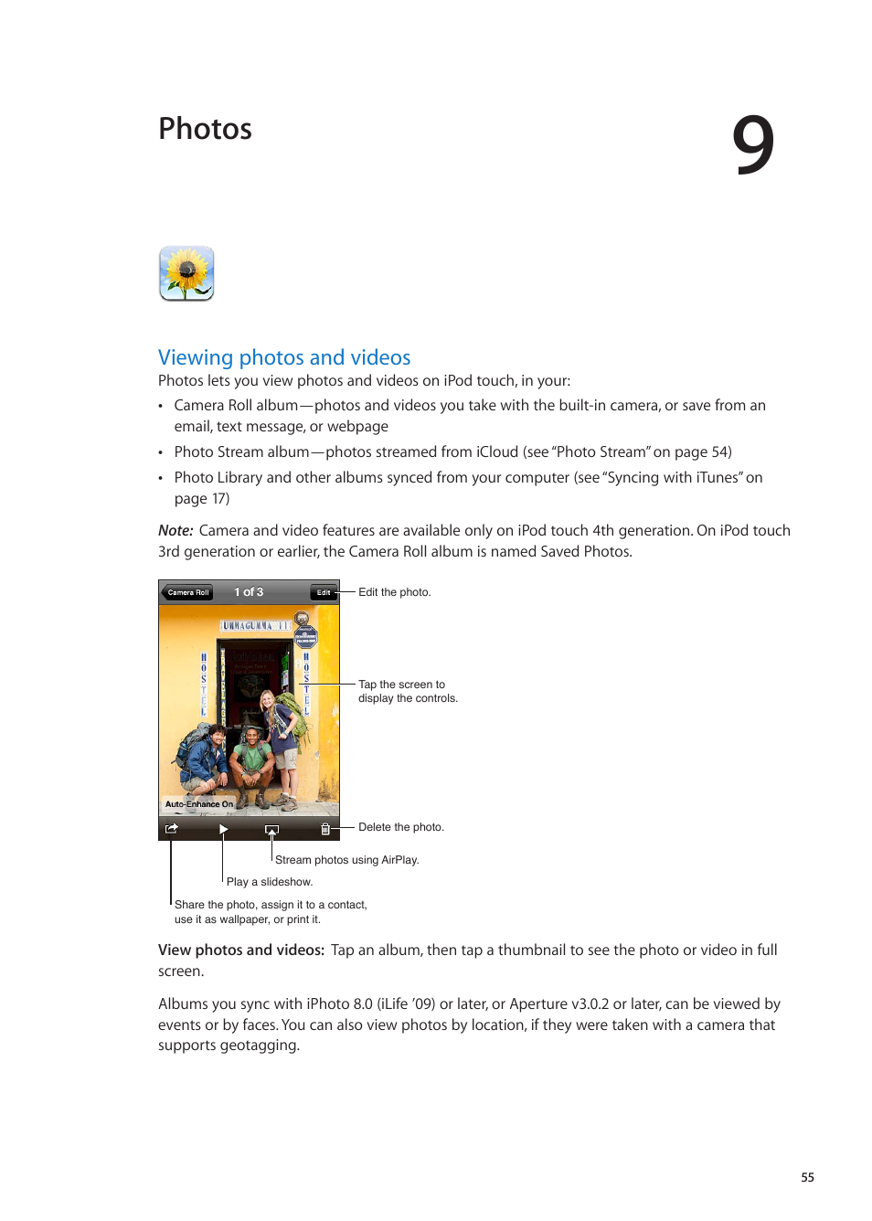 Chapter 9: photos, Viewing photos and videos, 55 viewing photos and videos | Photos | Apple iPod touch iOS 5.1 User Manual | Page 55 / 141