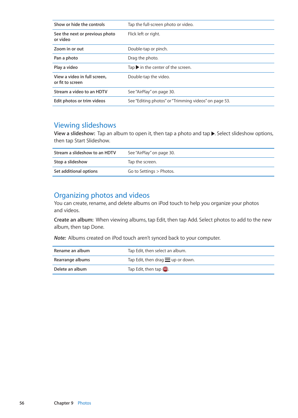 Viewing slideshows, Organizing photos and videos | Apple iPod touch iOS 5.1 User Manual | Page 56 / 141