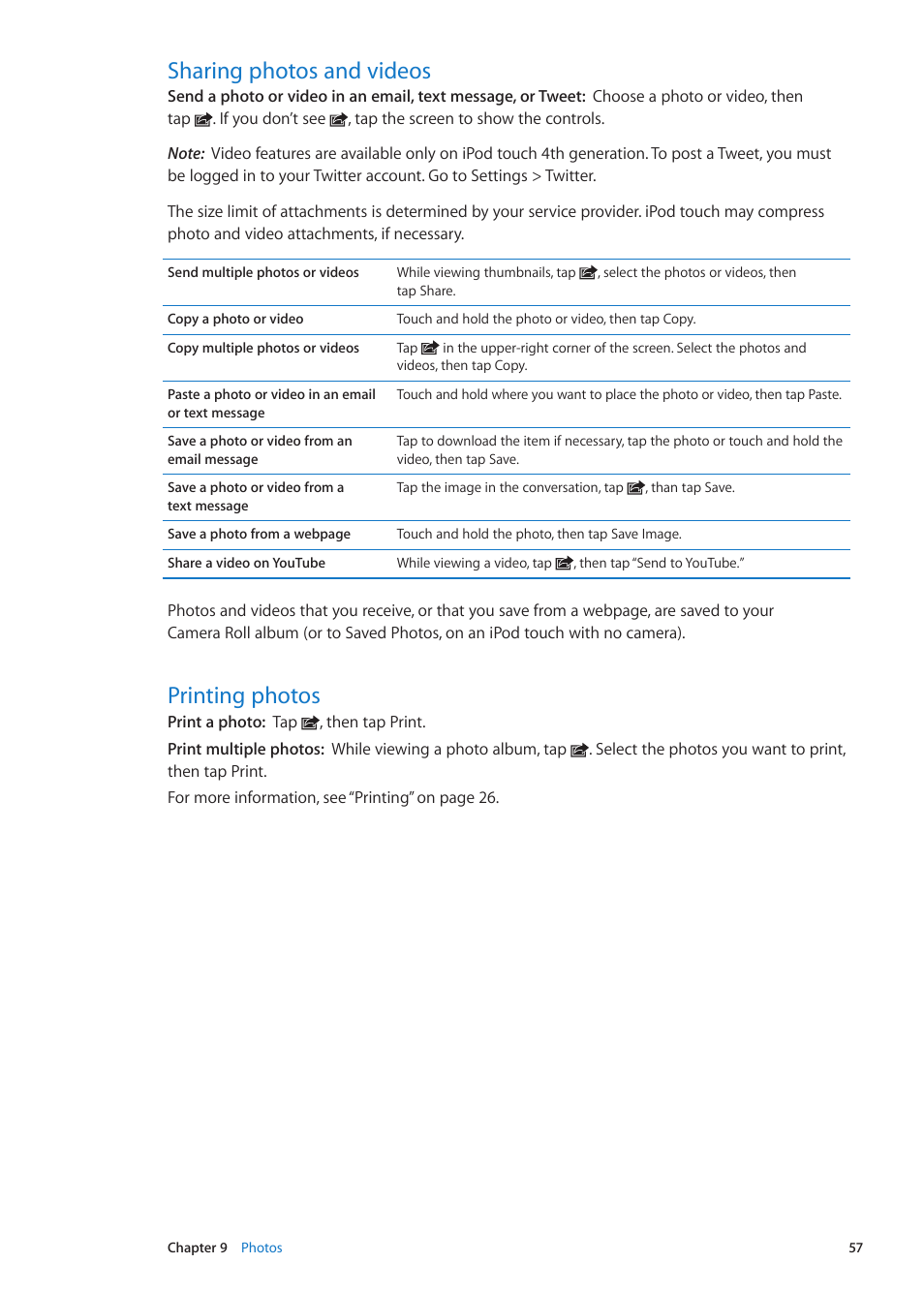 Sharing photos and videos, Printing photos, 57 sharing photos and videos 57 printing photos | 57 and | Apple iPod touch iOS 5.1 User Manual | Page 57 / 141
