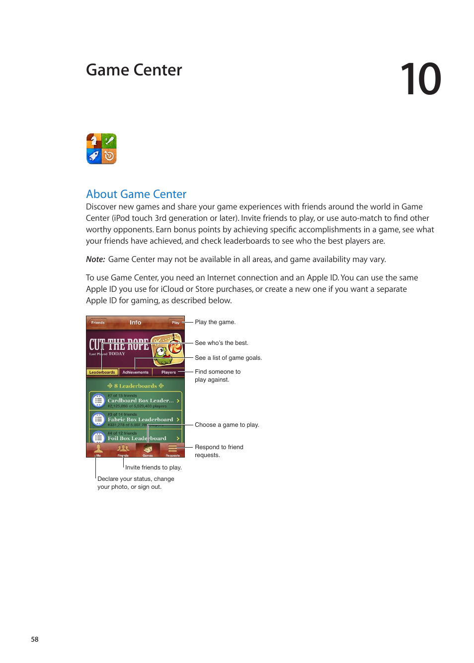 Chapter 10: game center, About game center, 58 about game center | Game center | Apple iPod touch iOS 5.1 User Manual | Page 58 / 141