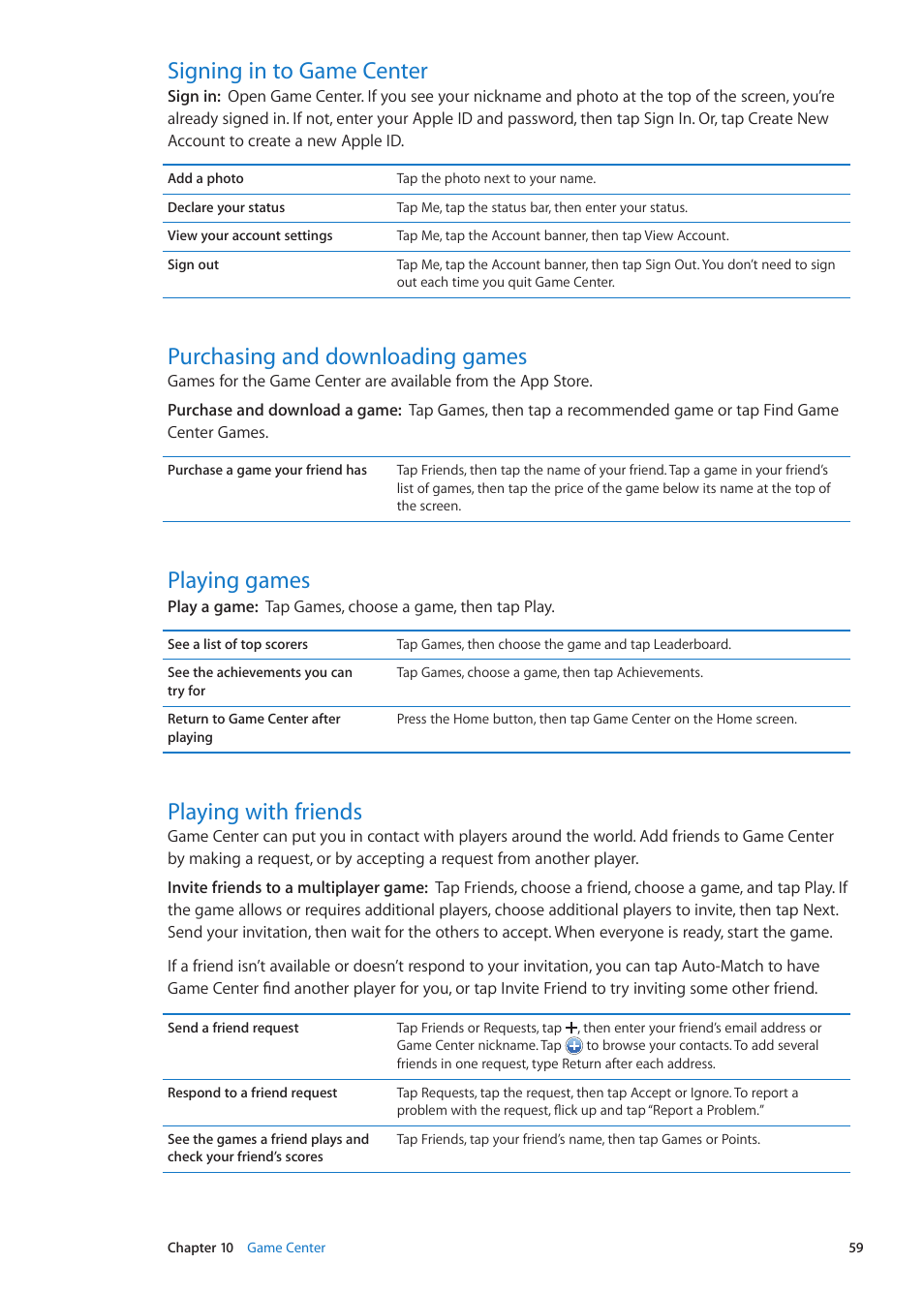 Signing in to game center, Purchasing and downloading games, Playing games | Playing with friends | Apple iPod touch iOS 5.1 User Manual | Page 59 / 141