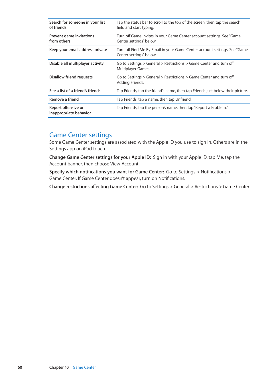 Game center settings, 60 game center settings | Apple iPod touch iOS 5.1 User Manual | Page 60 / 141