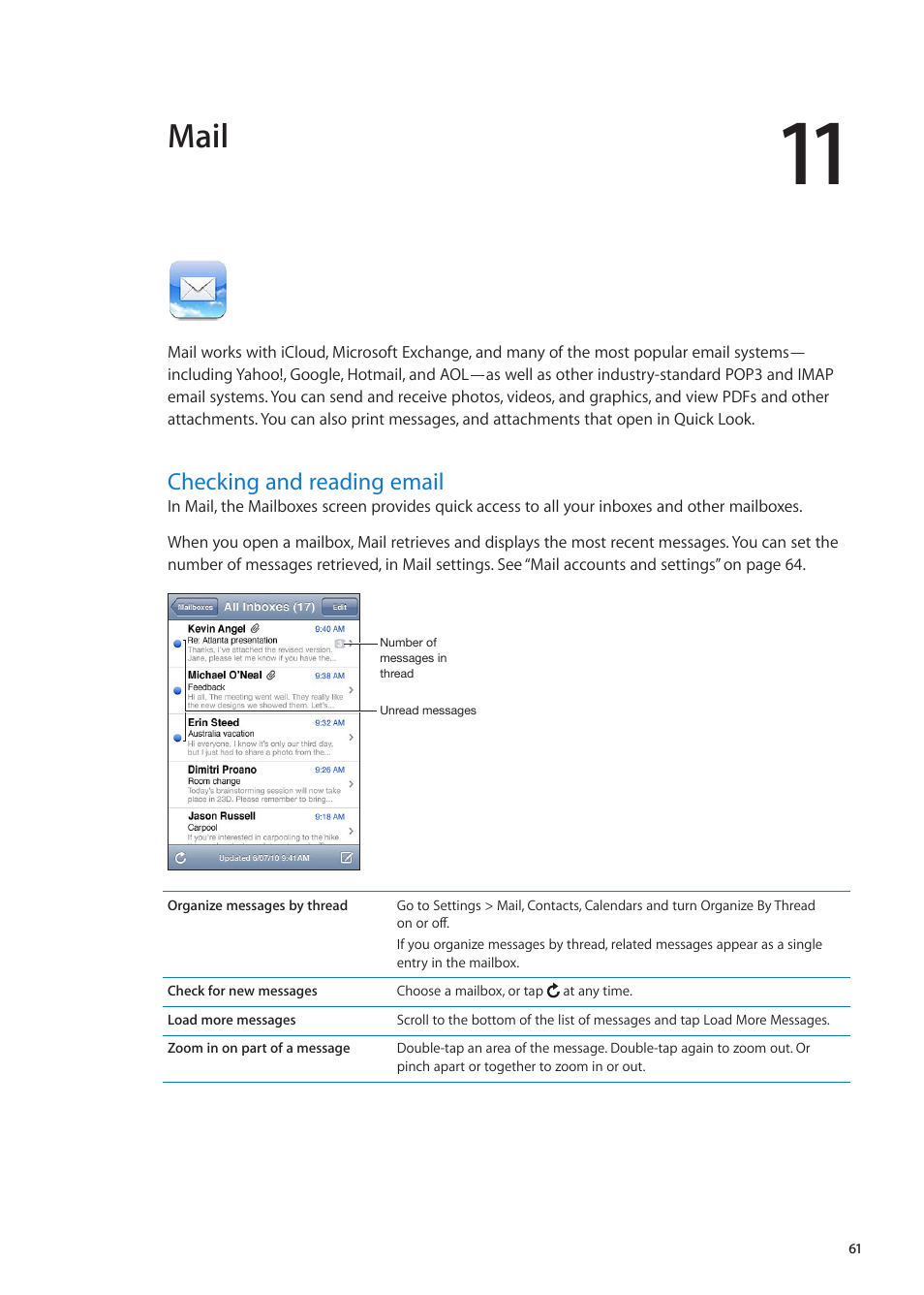 Chapter 11: mail, Checking and reading email, Mail | Apple iPod touch iOS 5.1 User Manual | Page 61 / 141