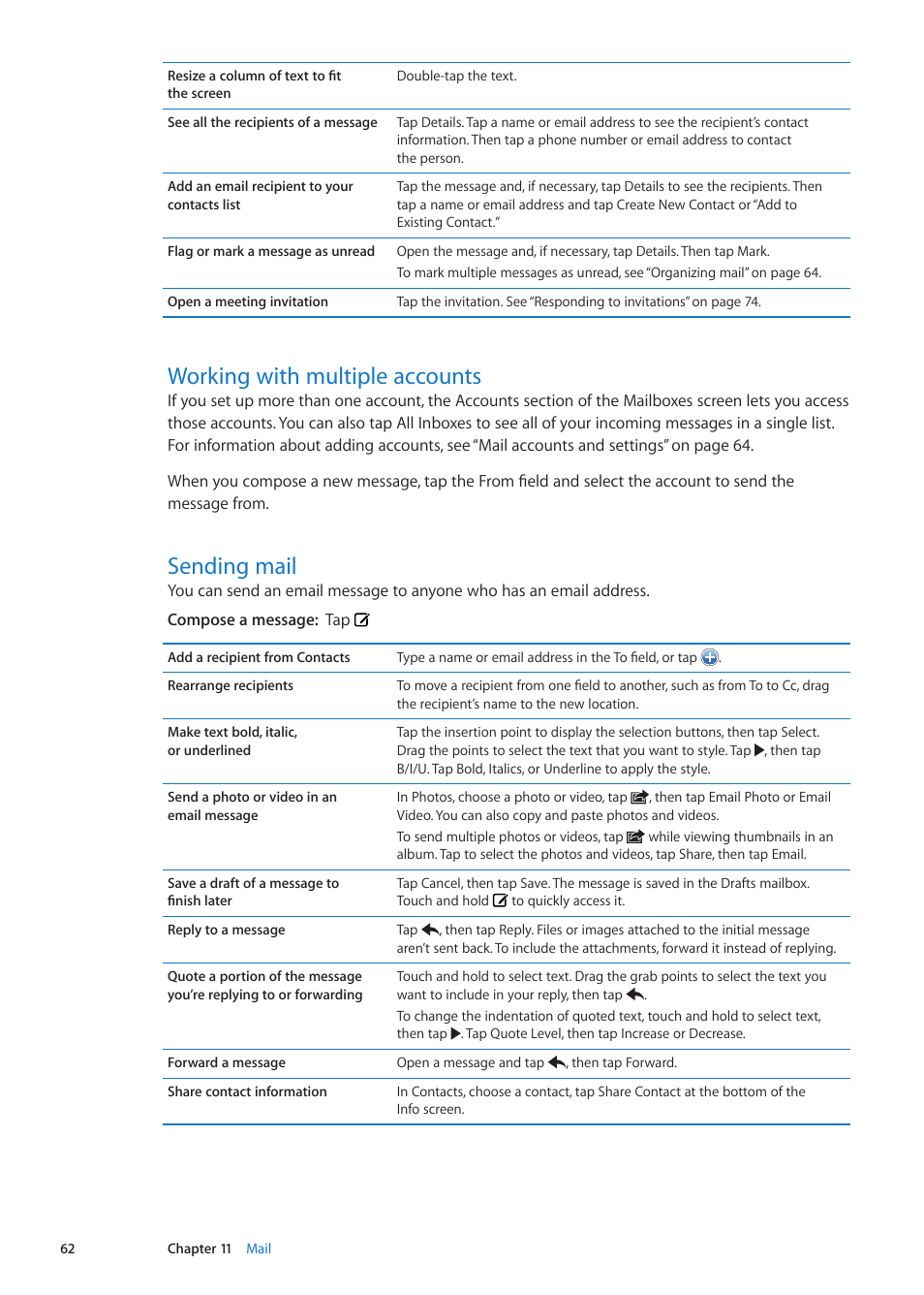 Working with multiple accounts, Sending mail, 62 working with multiple accounts 62 sending mail | Apple iPod touch iOS 5.1 User Manual | Page 62 / 141