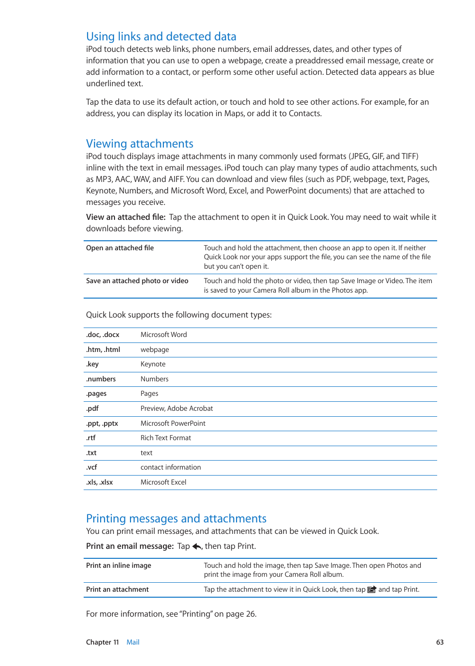 Using links and detected data, Viewing attachments, Printing messages and attachments | Apple iPod touch iOS 5.1 User Manual | Page 63 / 141