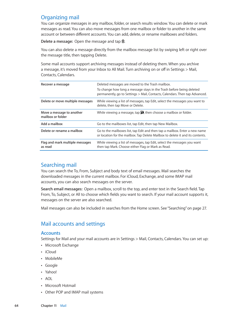 Organizing mail, Searching mail, Mail accounts and settings | Accounts | Apple iPod touch iOS 5.1 User Manual | Page 64 / 141