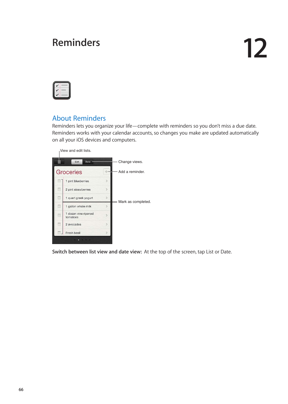 Chapter 12: reminders, About reminders, 66 about reminders | Reminders | Apple iPod touch iOS 5.1 User Manual | Page 66 / 141