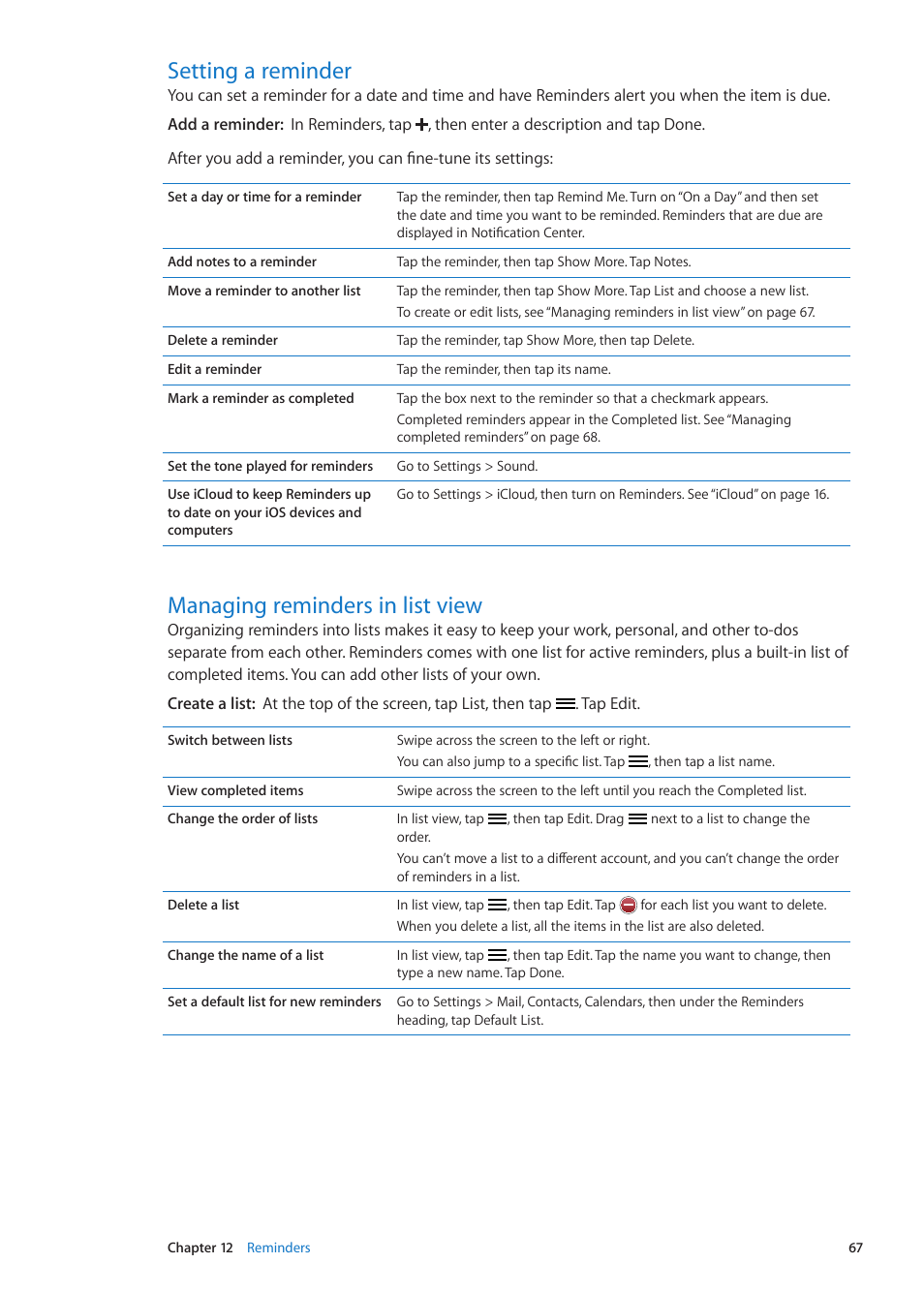 Setting a reminder, Managing reminders in list view | Apple iPod touch iOS 5.1 User Manual | Page 67 / 141