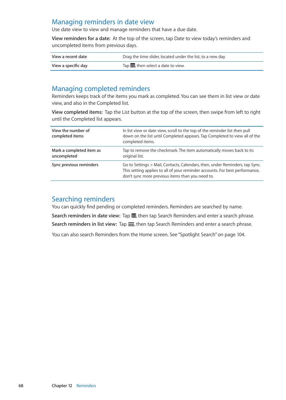 Managing reminders in date view, Managing completed reminders, Searching reminders | Apple iPod touch iOS 5.1 User Manual | Page 68 / 141