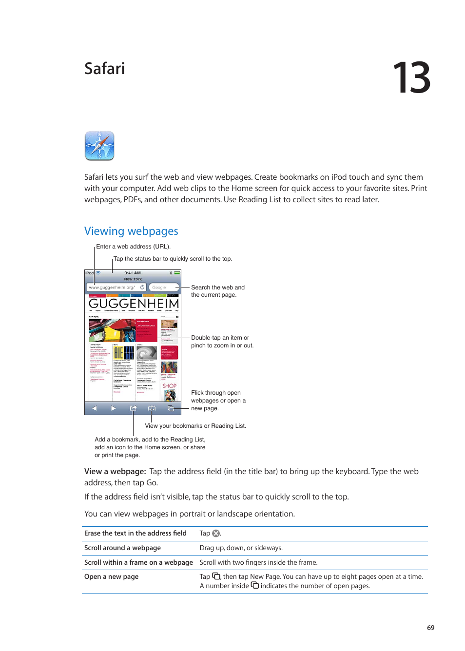 Chapter 13: safari, Safari, Viewing webpages | Apple iPod touch iOS 5.1 User Manual | Page 69 / 141