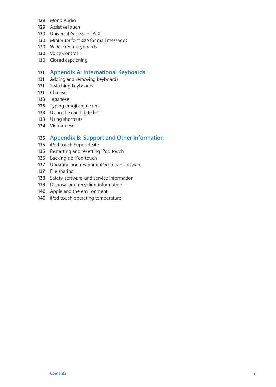 Appendix a : international keyboards, Appendix b: support and other information | Apple iPod touch iOS 5.1 User Manual | Page 7 / 141