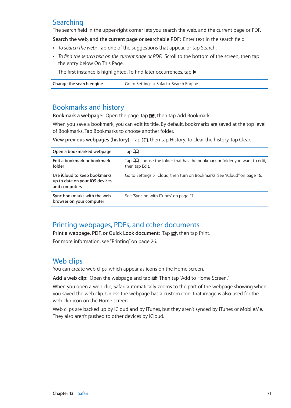 Searching, Bookmarks and history, Web clips | Printing webpages, pdfs, and other documents | Apple iPod touch iOS 5.1 User Manual | Page 71 / 141