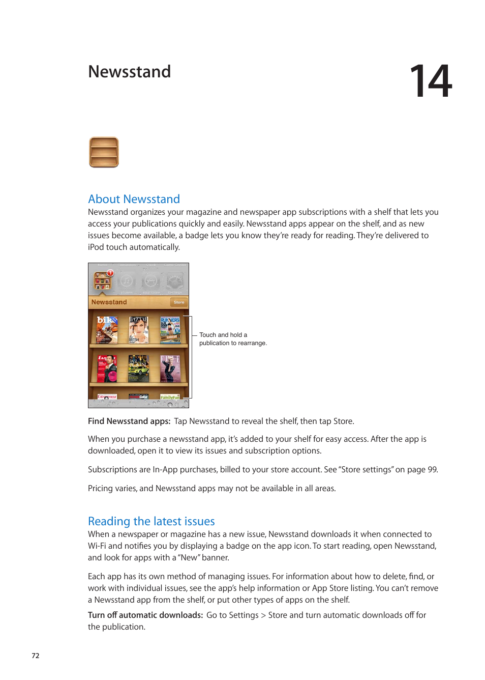 Chapter 14: newsstand, About newsstand, Reading the latest issues | 72 about newsstand 72 reading the latest issues, Newsstand | Apple iPod touch iOS 5.1 User Manual | Page 72 / 141