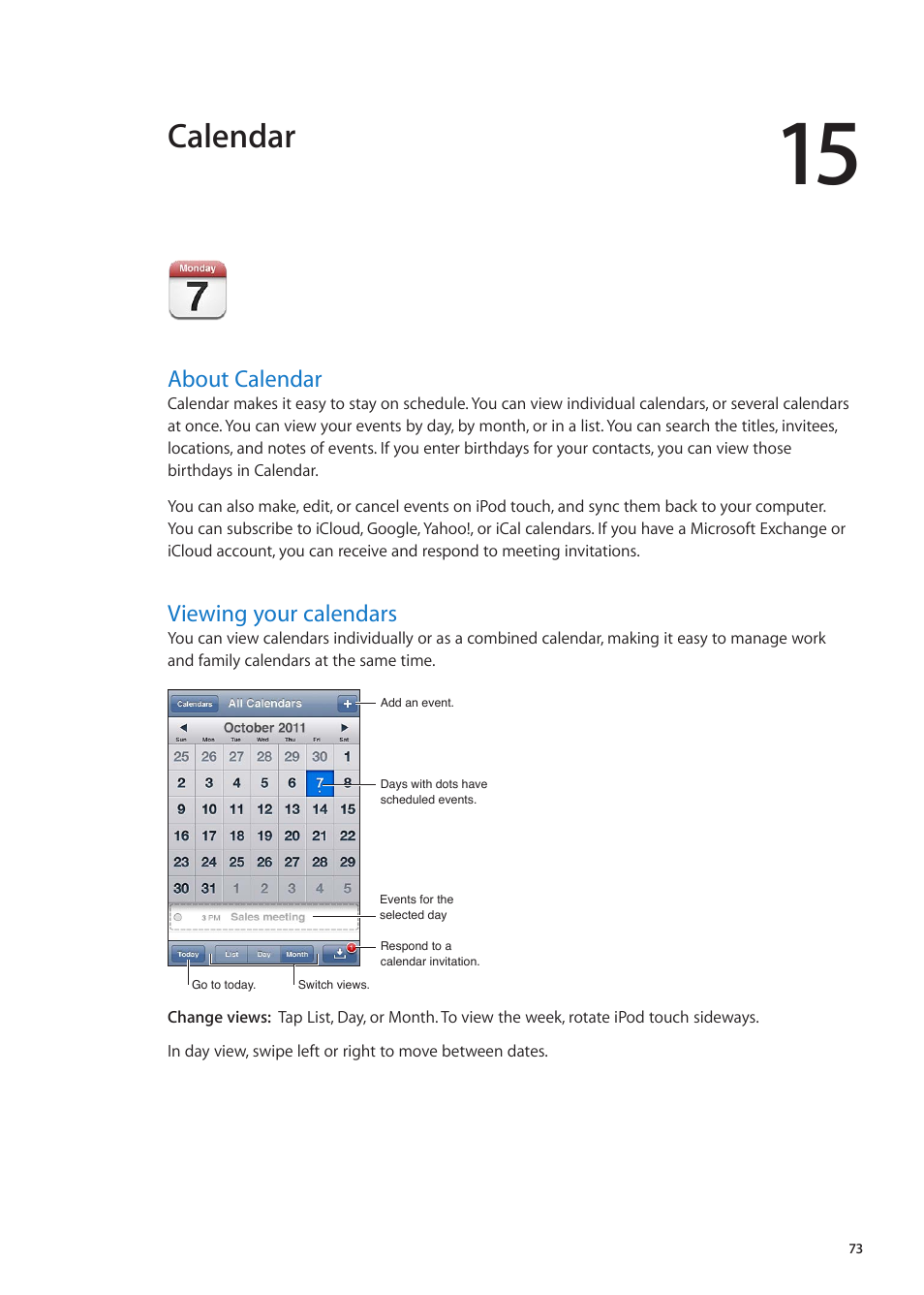 Chapter 15: calendar, About calendar, Viewing your calendars | 73 about calendar 73 viewing your calendars, Calendar | Apple iPod touch iOS 5.1 User Manual | Page 73 / 141