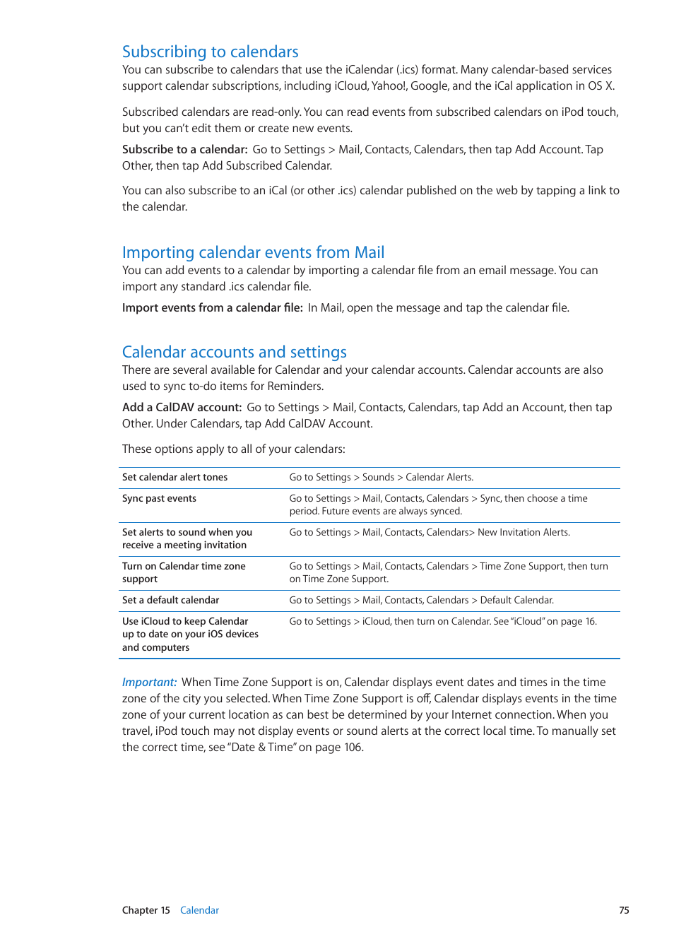 Subscribing to calendars, Importing calendar events from mail, Calendar accounts and settings | Apple iPod touch iOS 5.1 User Manual | Page 75 / 141