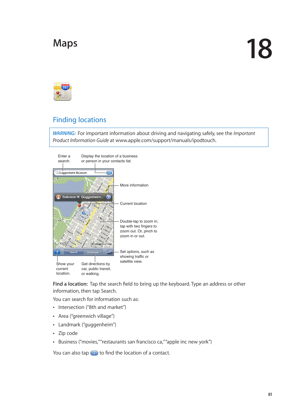 Chapter 18: maps, Finding locations, 81 finding locations | Maps | Apple iPod touch iOS 5.1 User Manual | Page 81 / 141