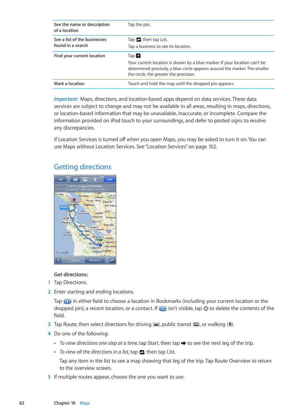 Getting directions, 82 getting directions | Apple iPod touch iOS 5.1 User Manual | Page 82 / 141