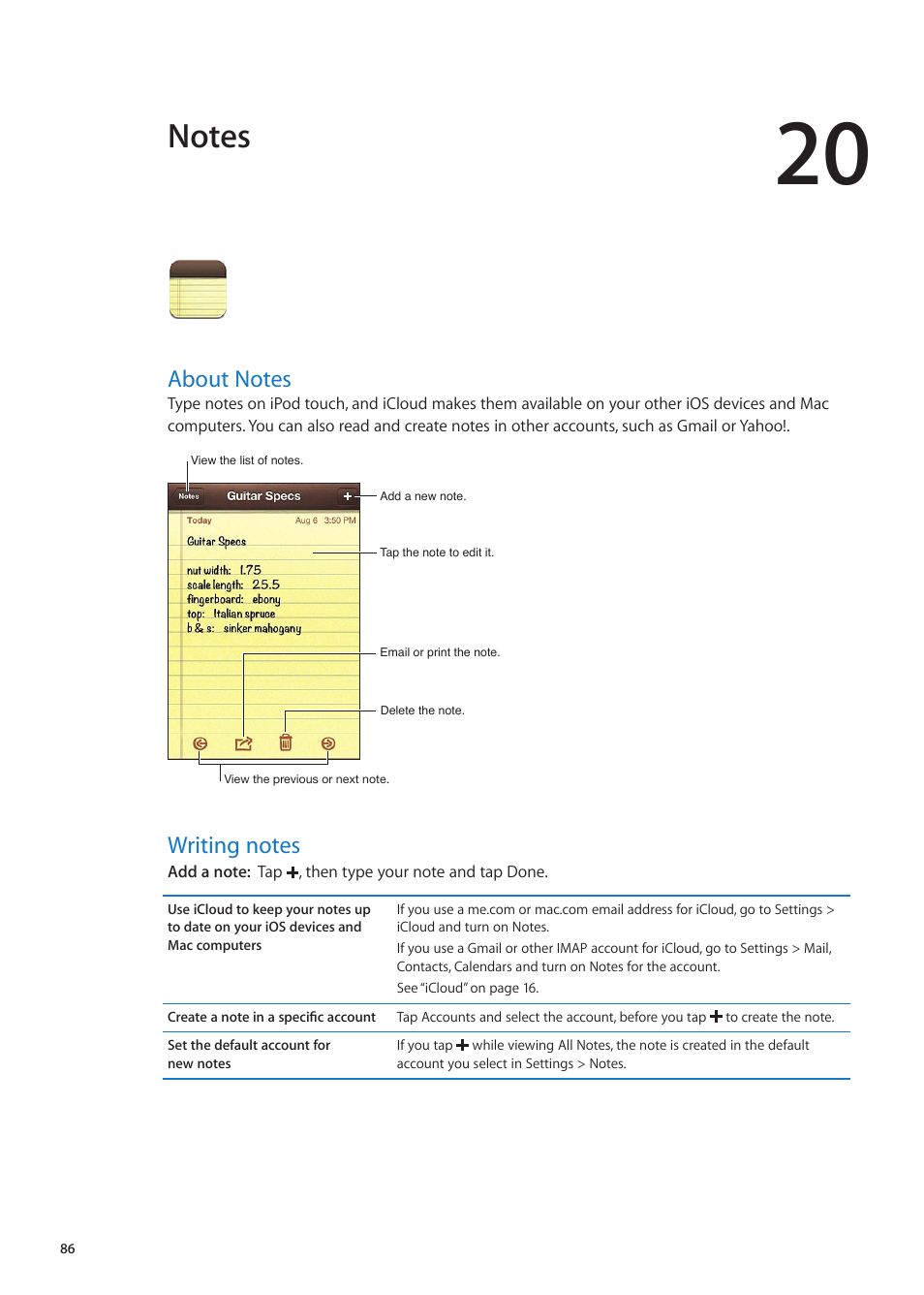 Chapter 20: notes, About notes, Writing notes | 86 about notes 86 writing notes | Apple iPod touch iOS 5.1 User Manual | Page 86 / 141