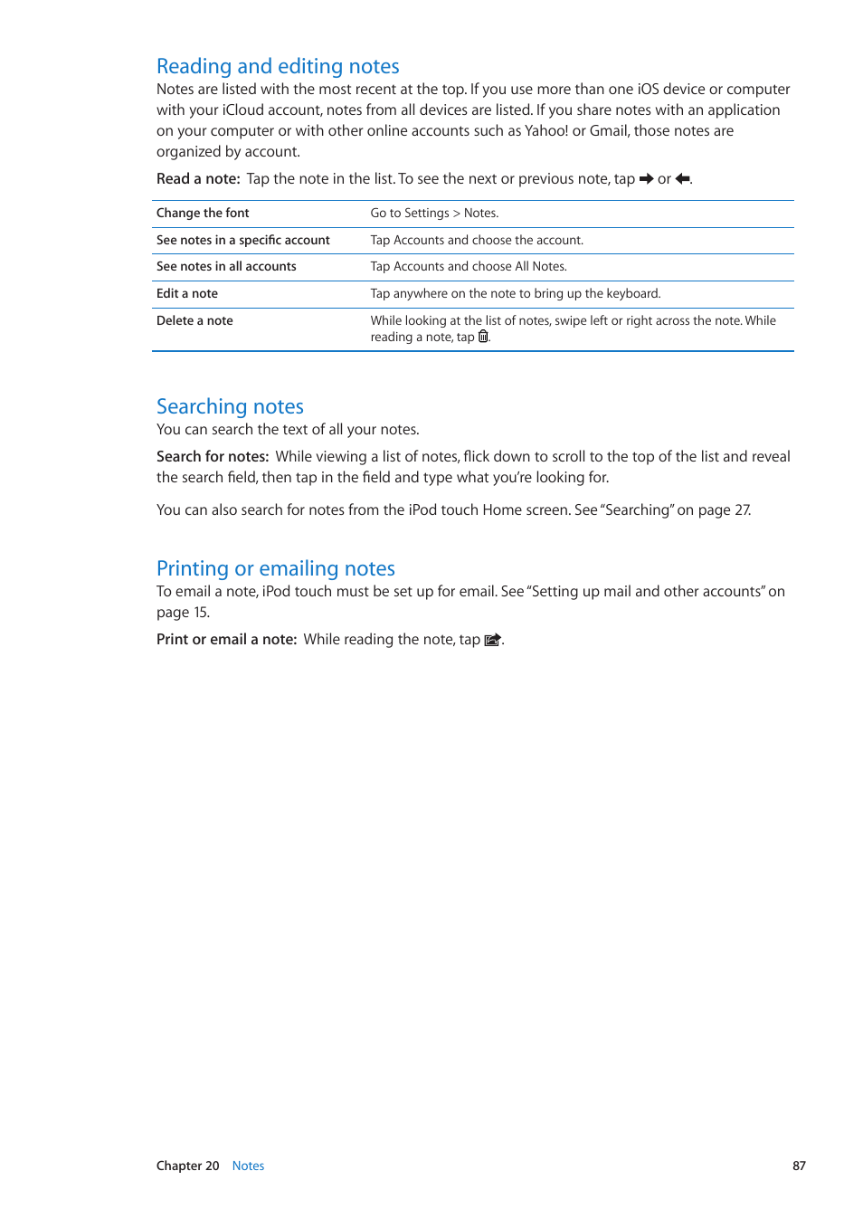 Reading and editing notes, Searching notes, Printing or emailing notes | Apple iPod touch iOS 5.1 User Manual | Page 87 / 141