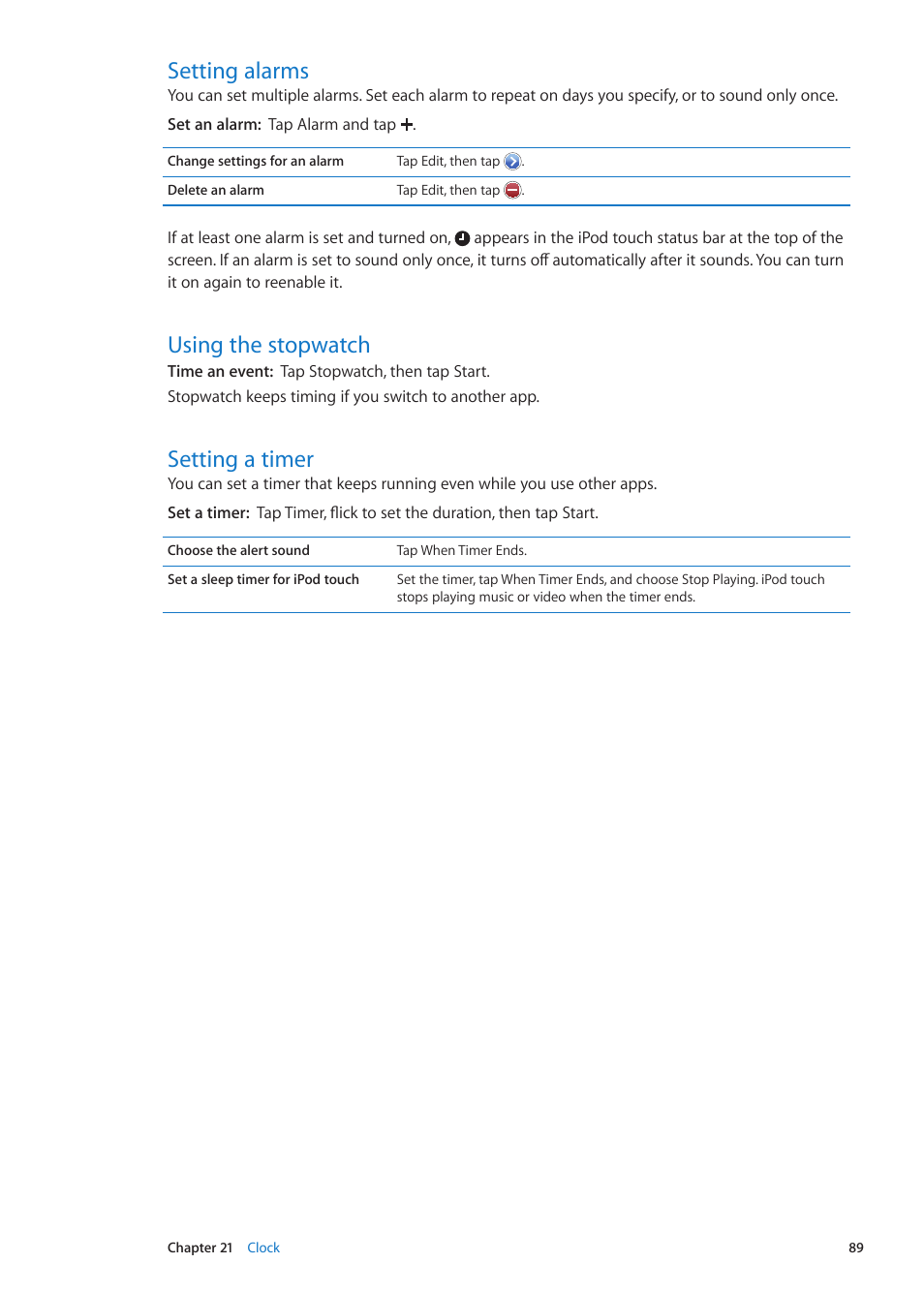 Setting alarms, Using the stopwatch, Setting a timer | Apple iPod touch iOS 5.1 User Manual | Page 89 / 141