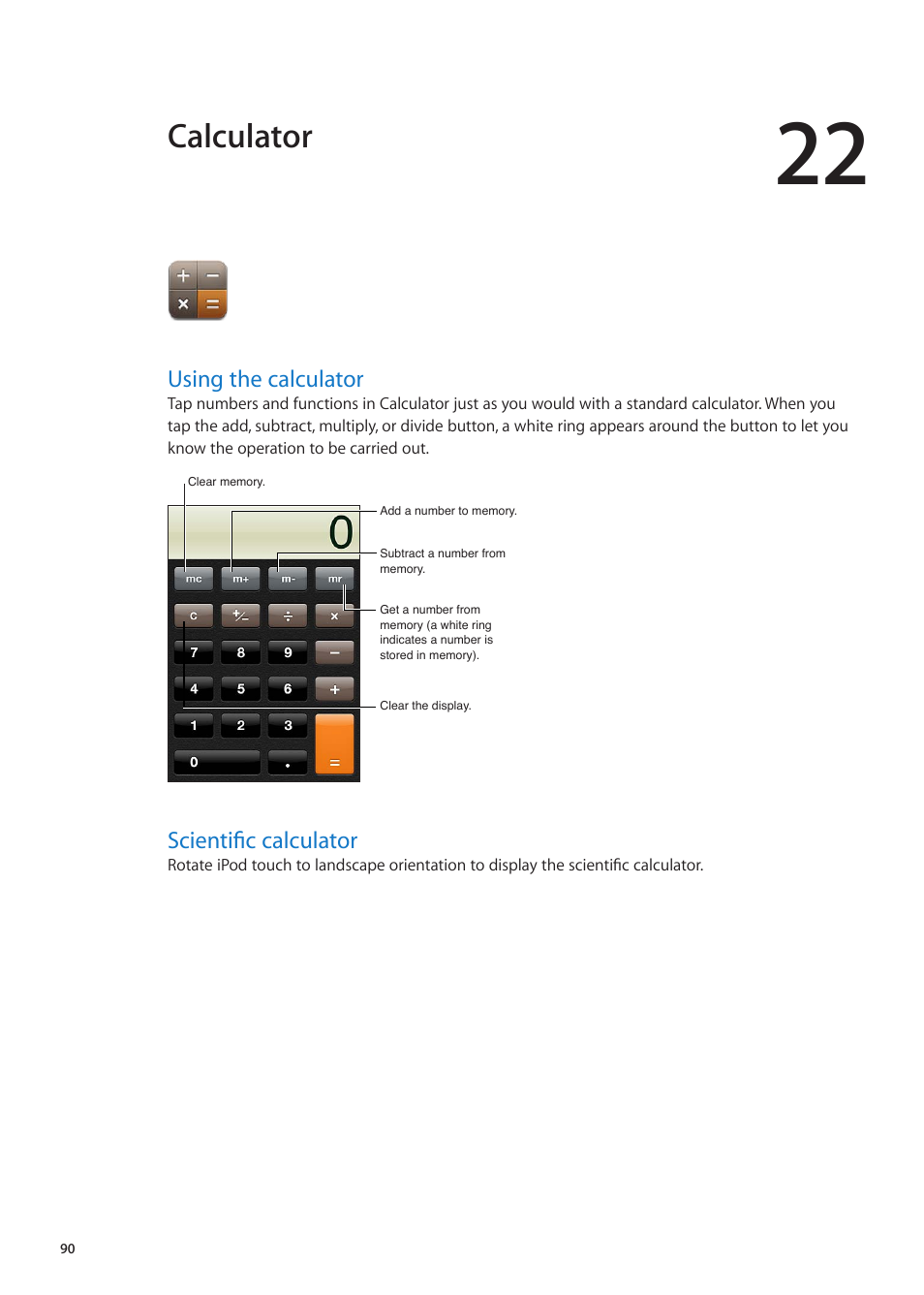 Chapter 22: calculator, Using the calculator, Scientific calculator | 90 using the calculator 90 scientific calculator, Calculator | Apple iPod touch iOS 5.1 User Manual | Page 90 / 141