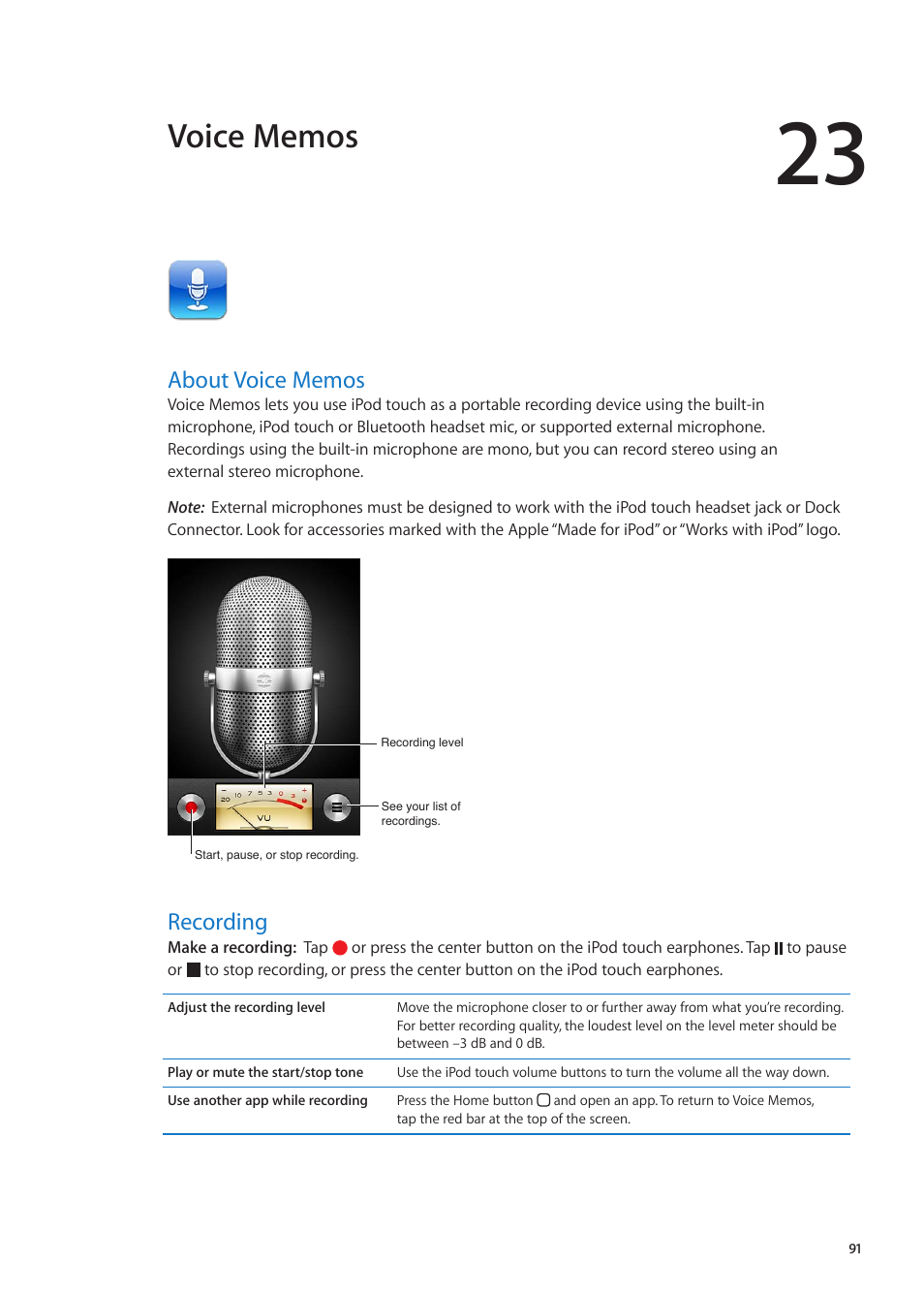 Chapter 23: voice memos, About voice memos, Recording | 91 about voice memos 91 recording | Apple iPod touch iOS 5.1 User Manual | Page 91 / 141