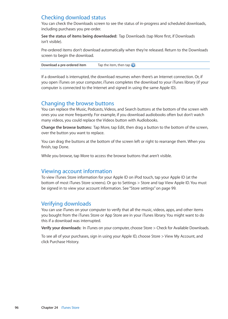 Checking download status, Changing the browse buttons, Viewing account information | Verifying downloads | Apple iPod touch iOS 5.1 User Manual | Page 96 / 141