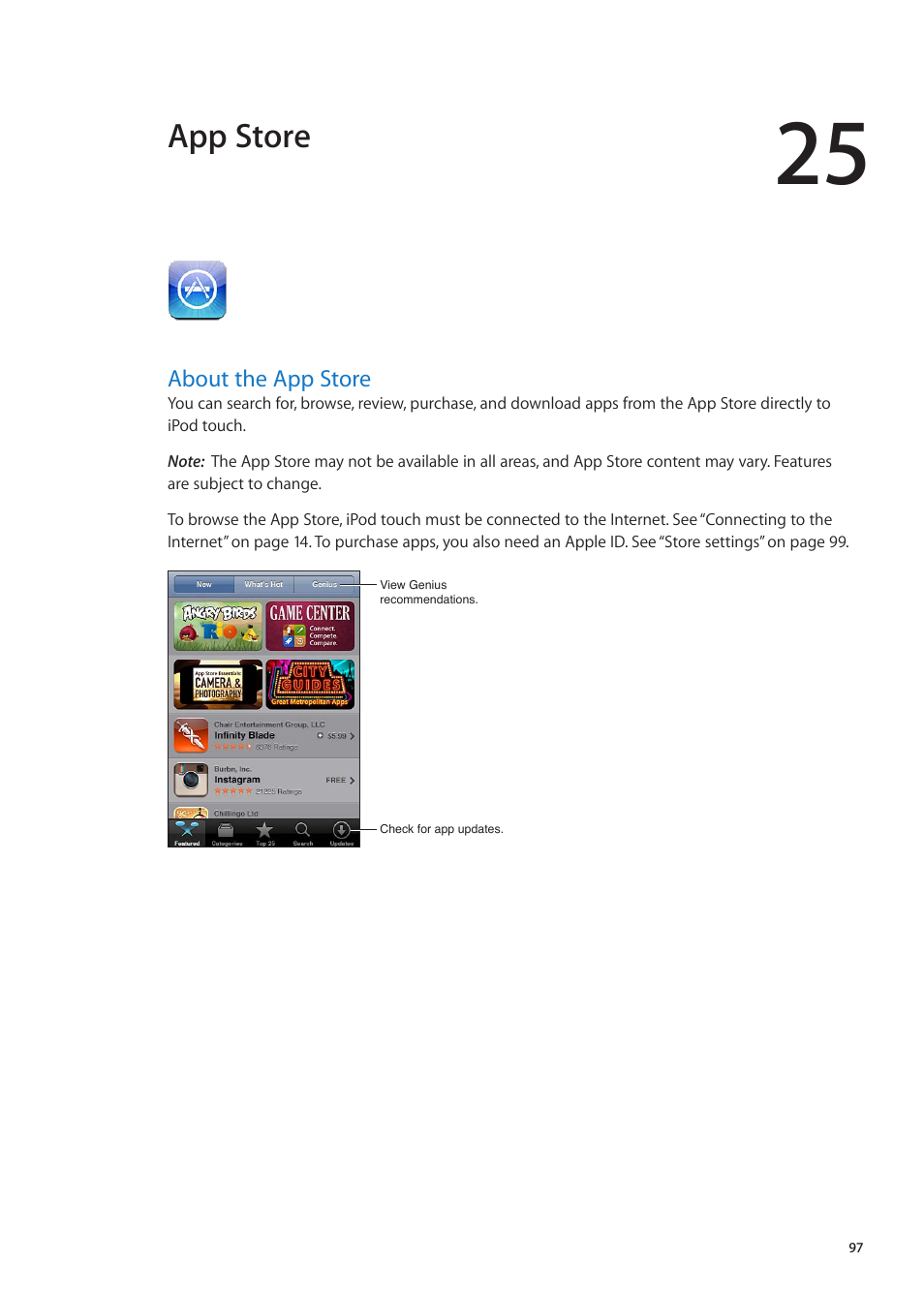 Chapter 25: app store, About the app store, 97 about the app store | App store | Apple iPod touch iOS 5.1 User Manual | Page 97 / 141