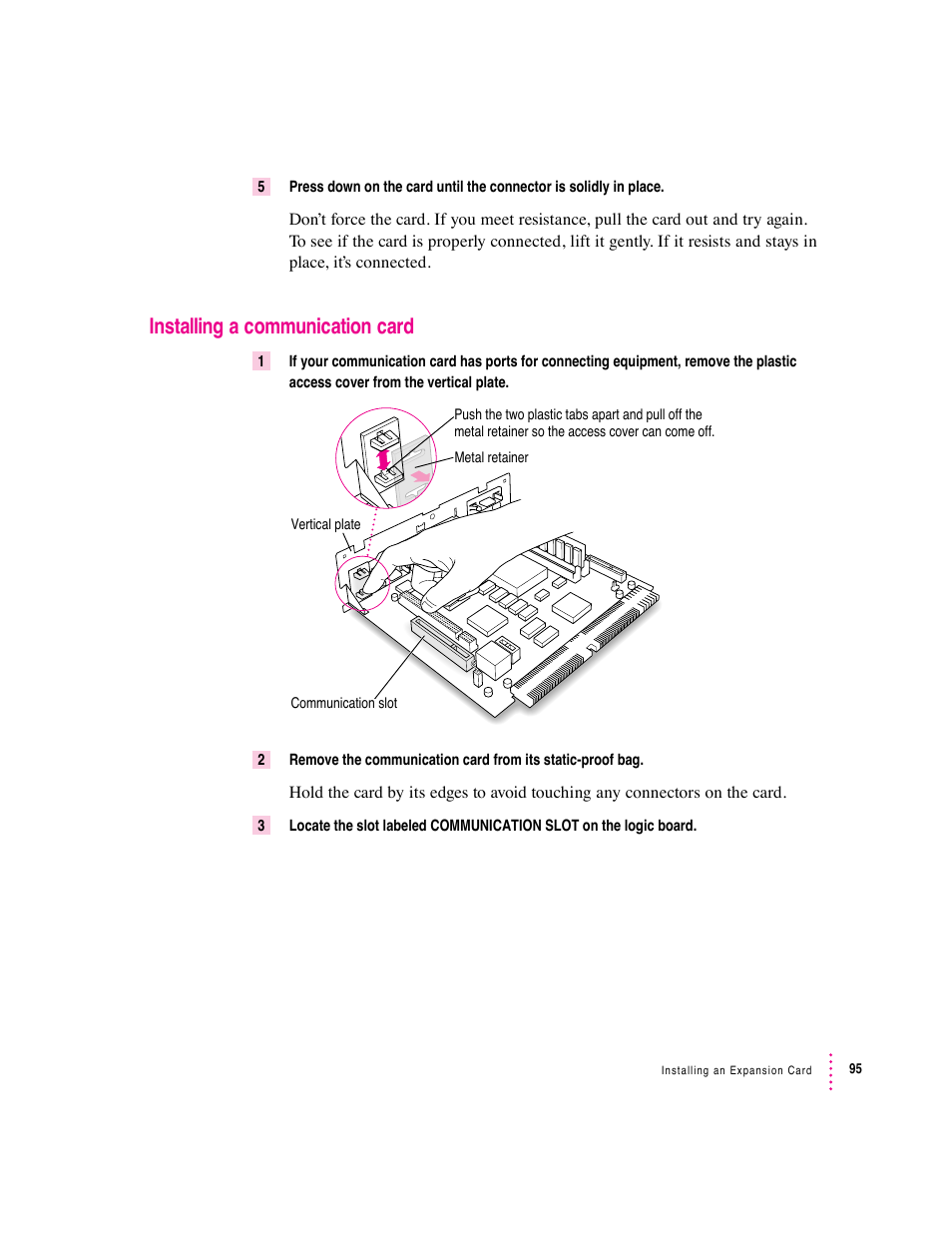 Installing a communication card | Apple Macintosh Performa 600 Series User Manual | Page 102 / 122