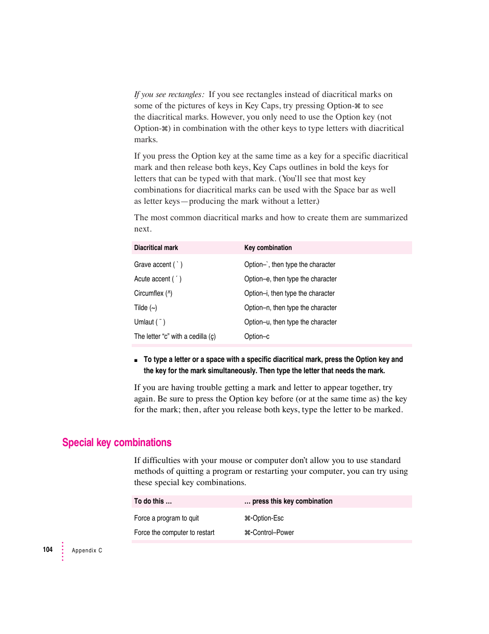 Special key combinations | Apple Macintosh Performa 600 Series User Manual | Page 110 / 122