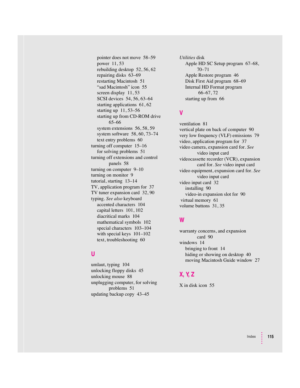 X, y, z | Apple Macintosh Performa 600 Series User Manual | Page 121 / 122