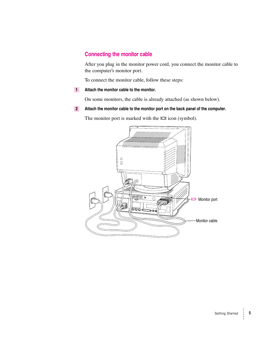 Connecting the monitor cable | Apple Macintosh Performa 600 Series User Manual | Page 13 / 122