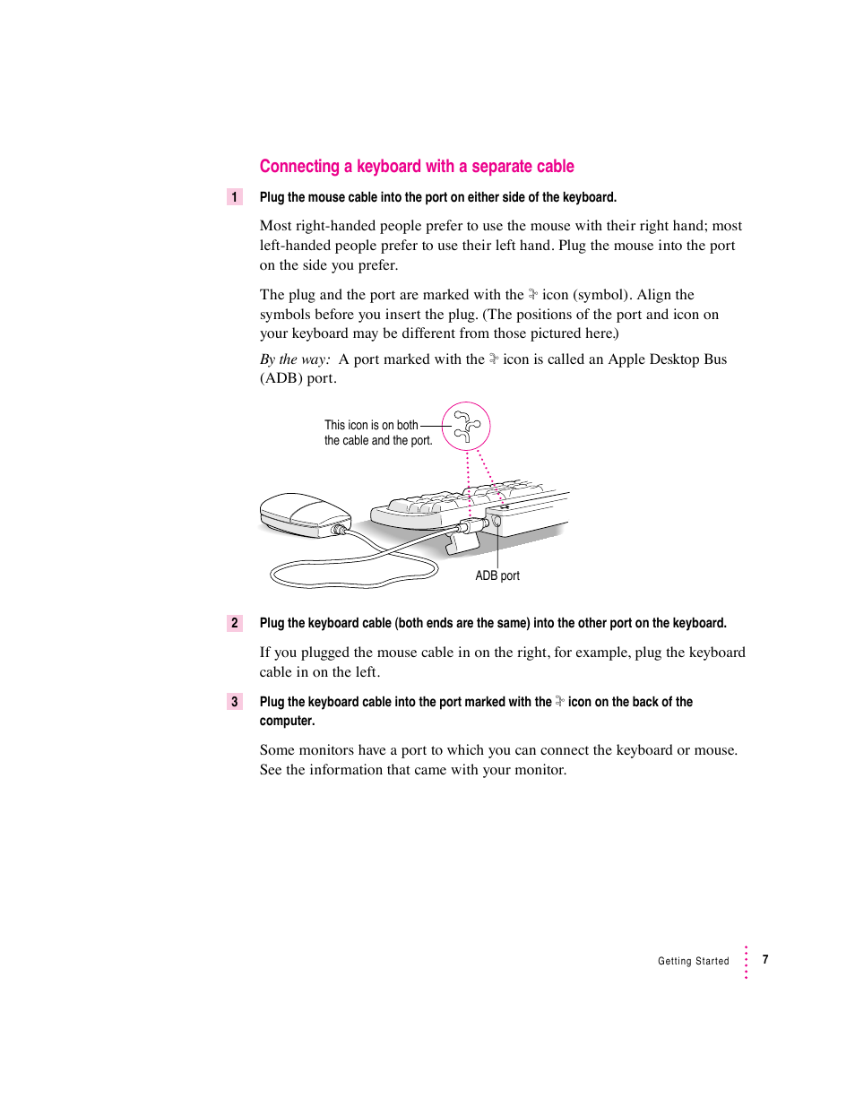 Connecting a keyboard with a separate cable | Apple Macintosh Performa 600 Series User Manual | Page 15 / 122