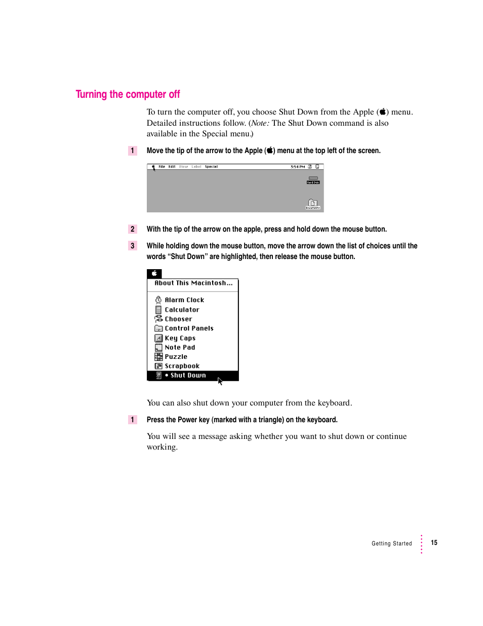 Turning the computer off | Apple Macintosh Performa 600 Series User Manual | Page 23 / 122