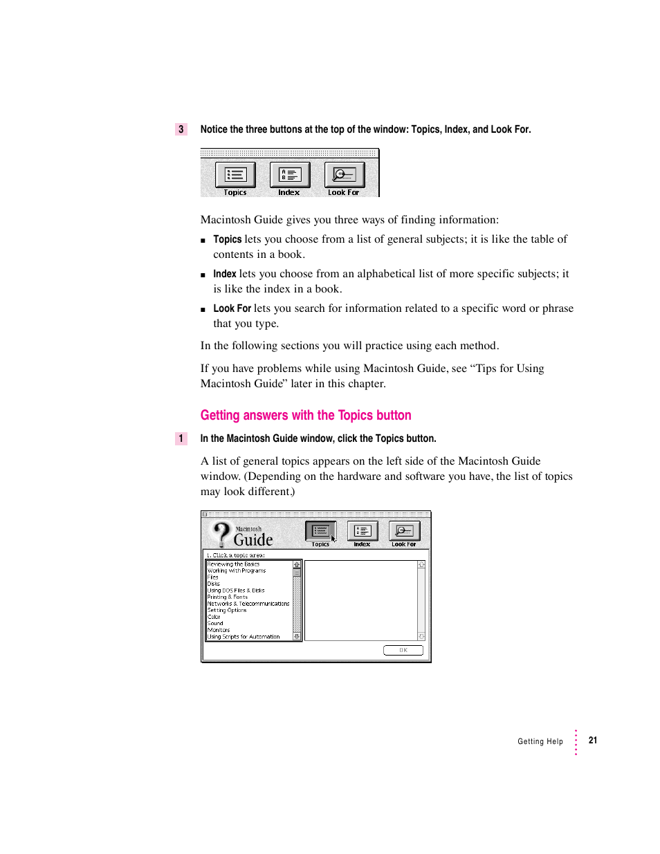 Getting answers with the topics button | Apple Macintosh Performa 600 Series User Manual | Page 28 / 122