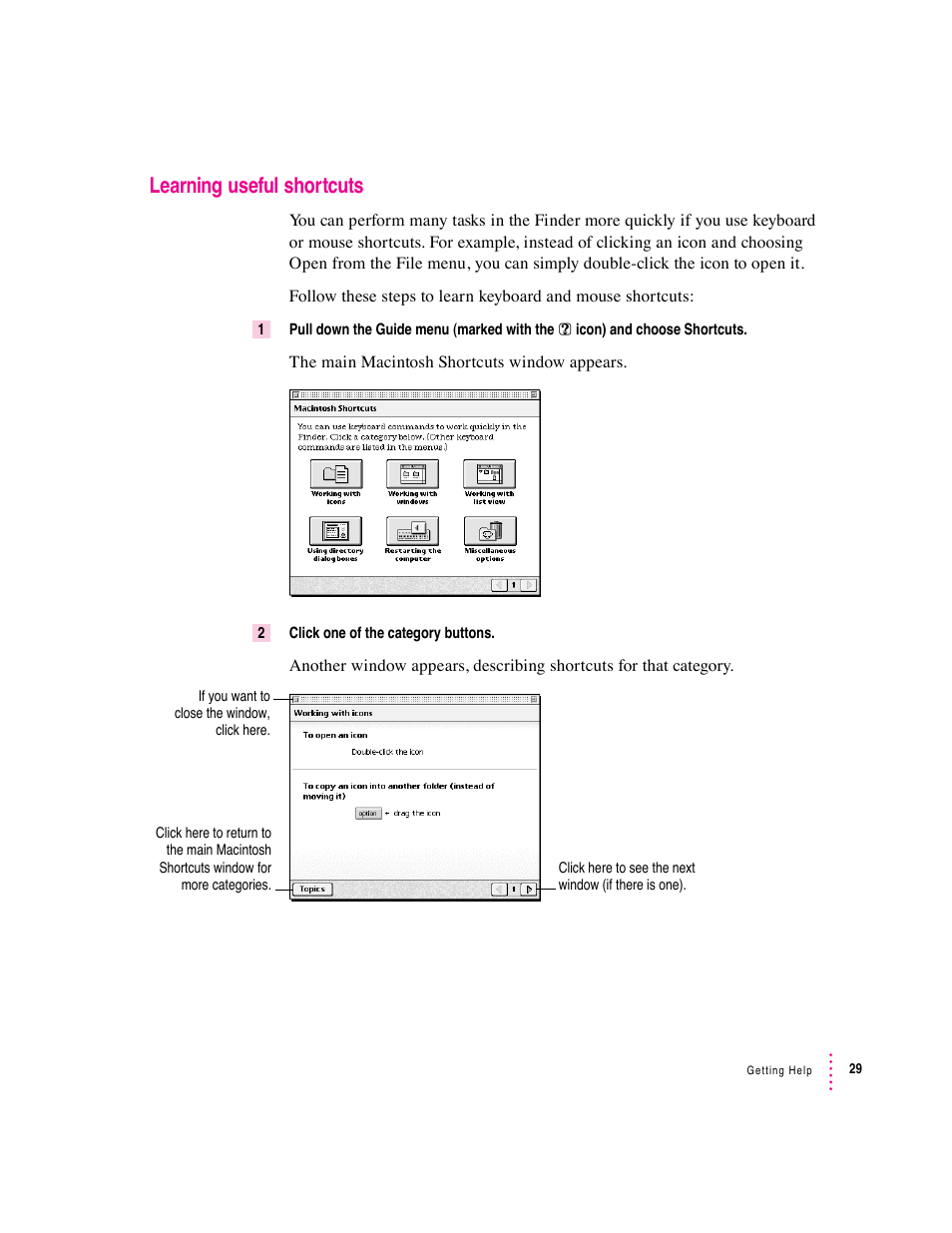 Learning useful shortcuts | Apple Macintosh Performa 600 Series User Manual | Page 36 / 122