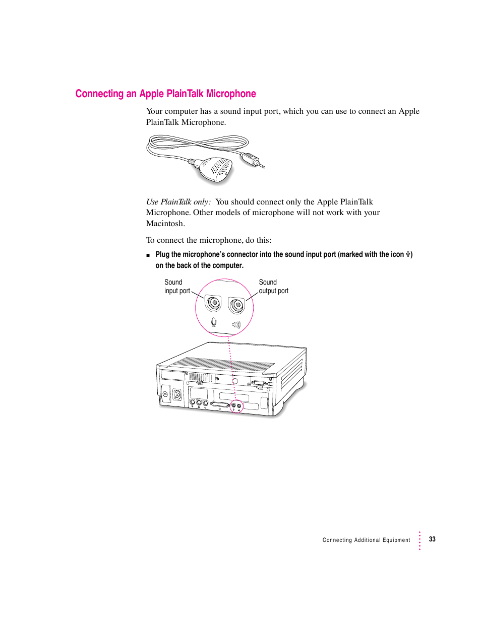 Connecting an apple plaintalk microphone | Apple Macintosh Performa 600 Series User Manual | Page 40 / 122