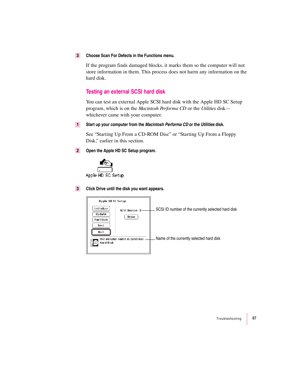 Testing an external scsi hard disk | Apple Macintosh Performa 600 Series User Manual | Page 74 / 122