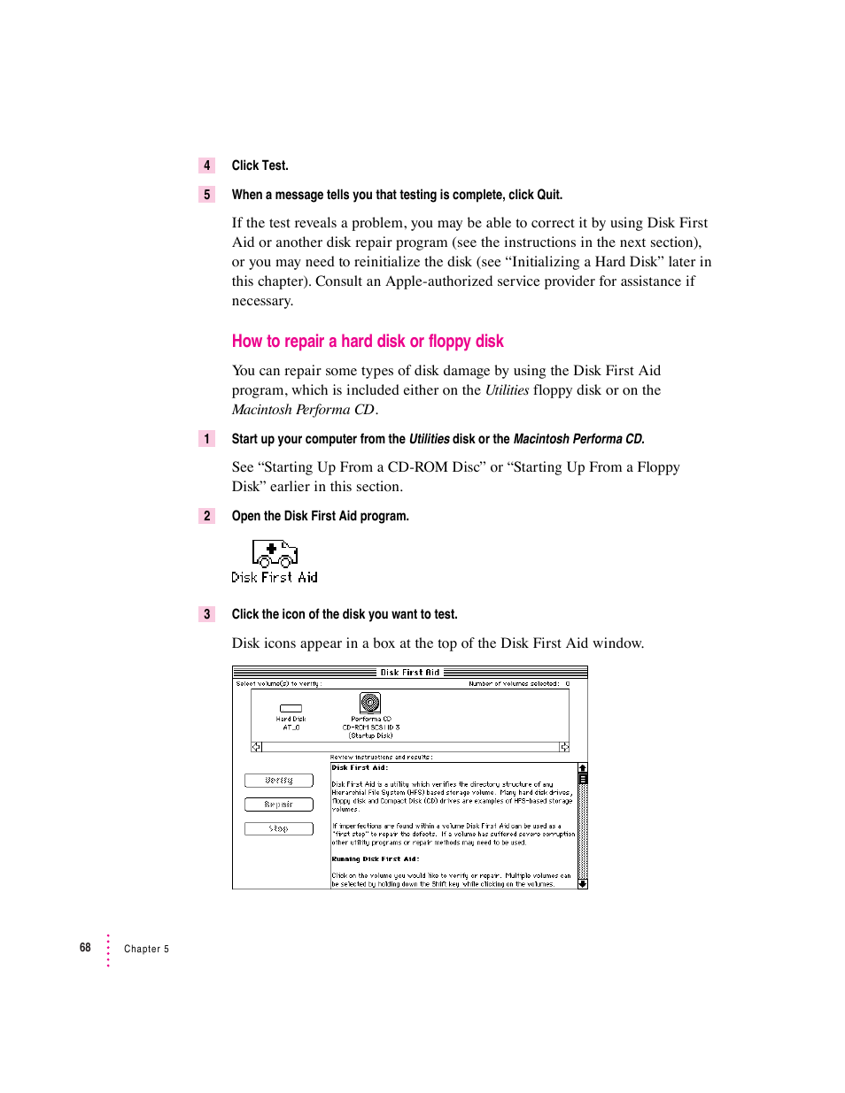 How to repair a hard disk or floppy disk | Apple Macintosh Performa 600 Series User Manual | Page 75 / 122