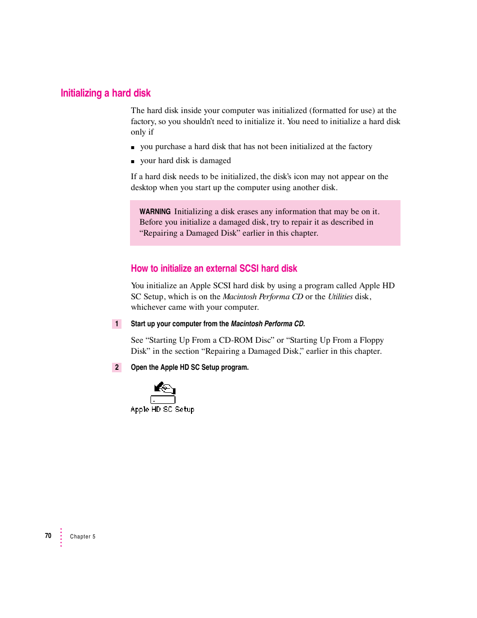 Initializing a hard disk, How to initialize an external scsi hard disk | Apple Macintosh Performa 600 Series User Manual | Page 77 / 122