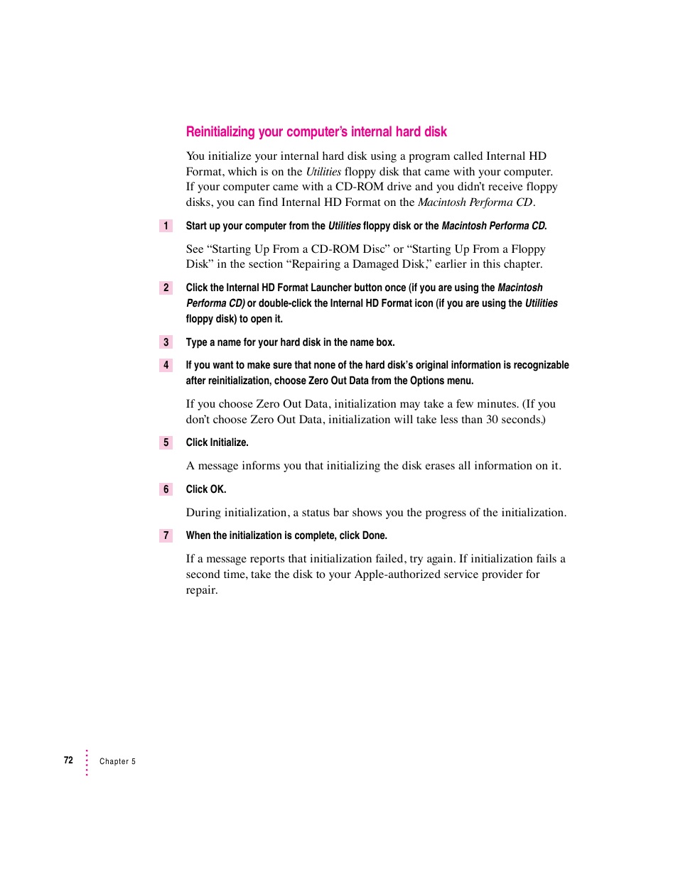 Reinitializing your computer’s internal hard disk | Apple Macintosh Performa 600 Series User Manual | Page 79 / 122