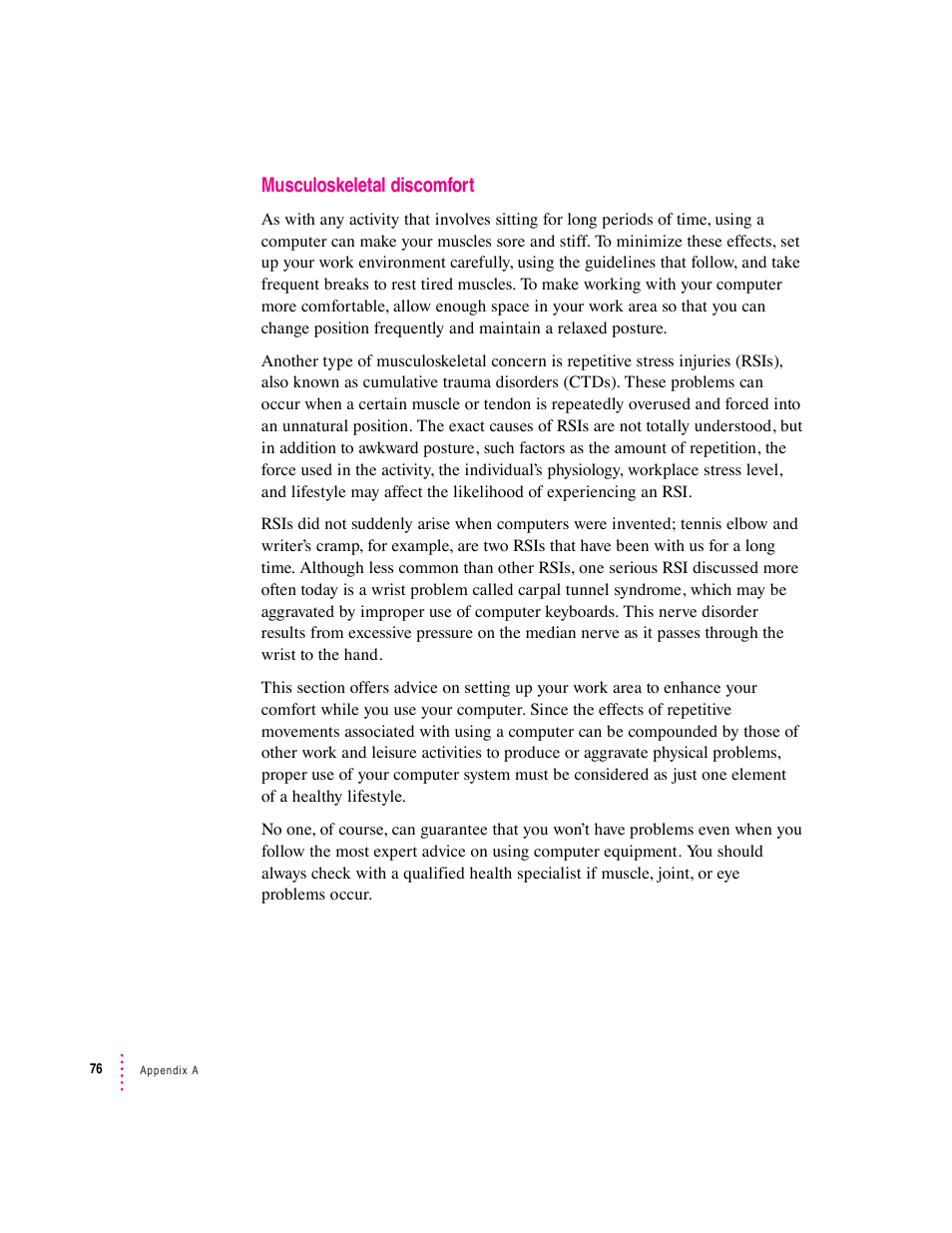 Musculoskeletal discomfort | Apple Macintosh Performa 600 Series User Manual | Page 83 / 122