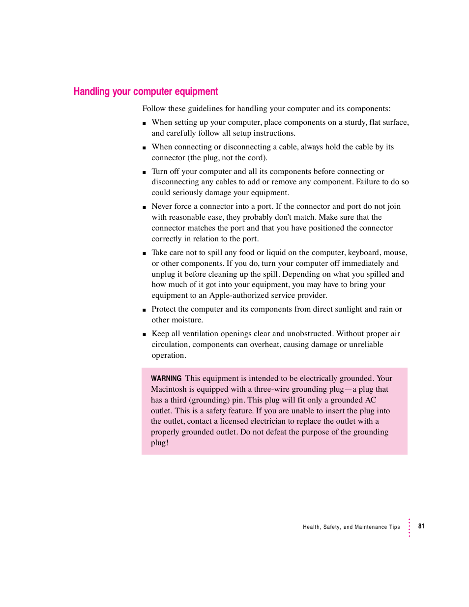 Handling your computer equipment | Apple Macintosh Performa 600 Series User Manual | Page 88 / 122