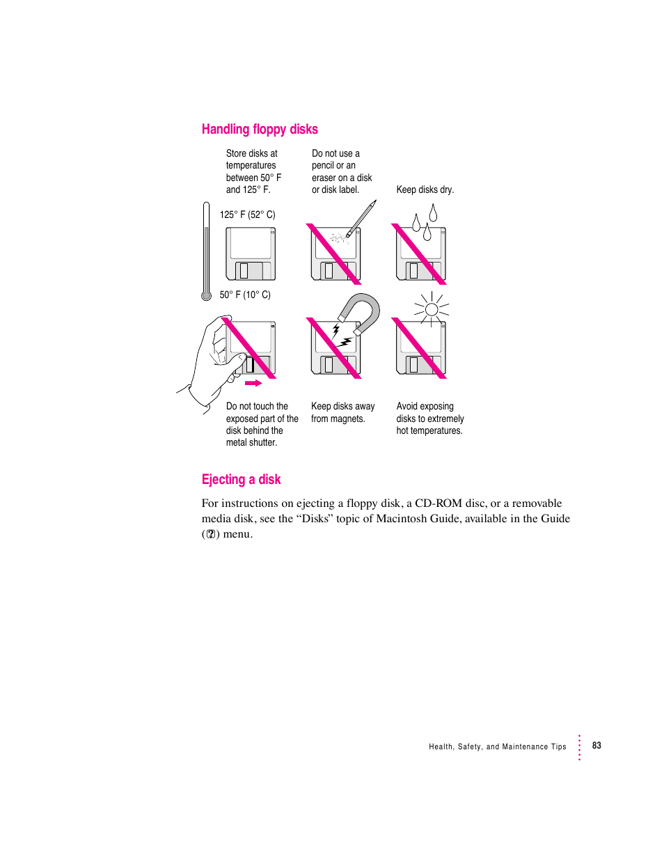 Handling floppy disks ejecting a disk | Apple Macintosh Performa 600 Series User Manual | Page 90 / 122