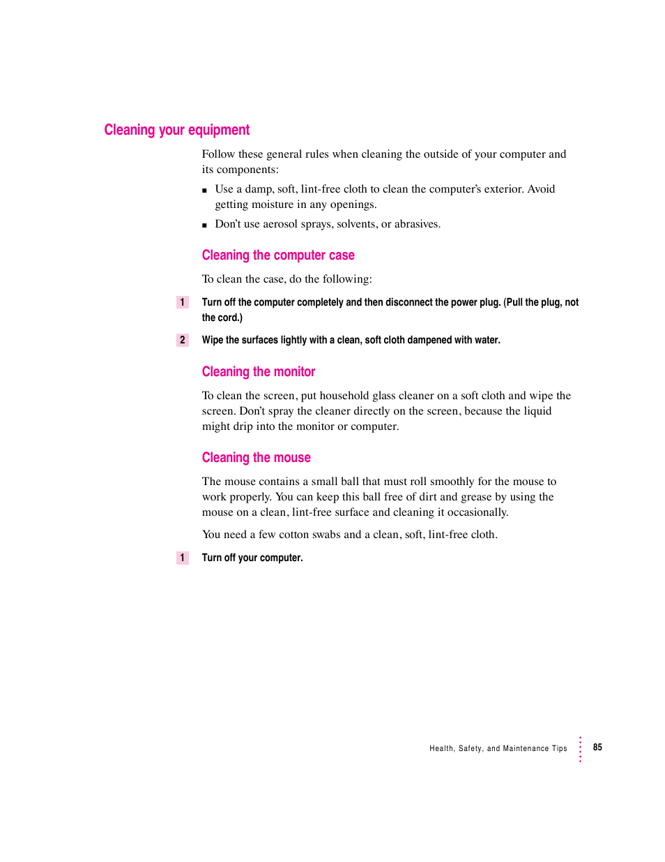 Cleaning your equipment | Apple Macintosh Performa 600 Series User Manual | Page 92 / 122